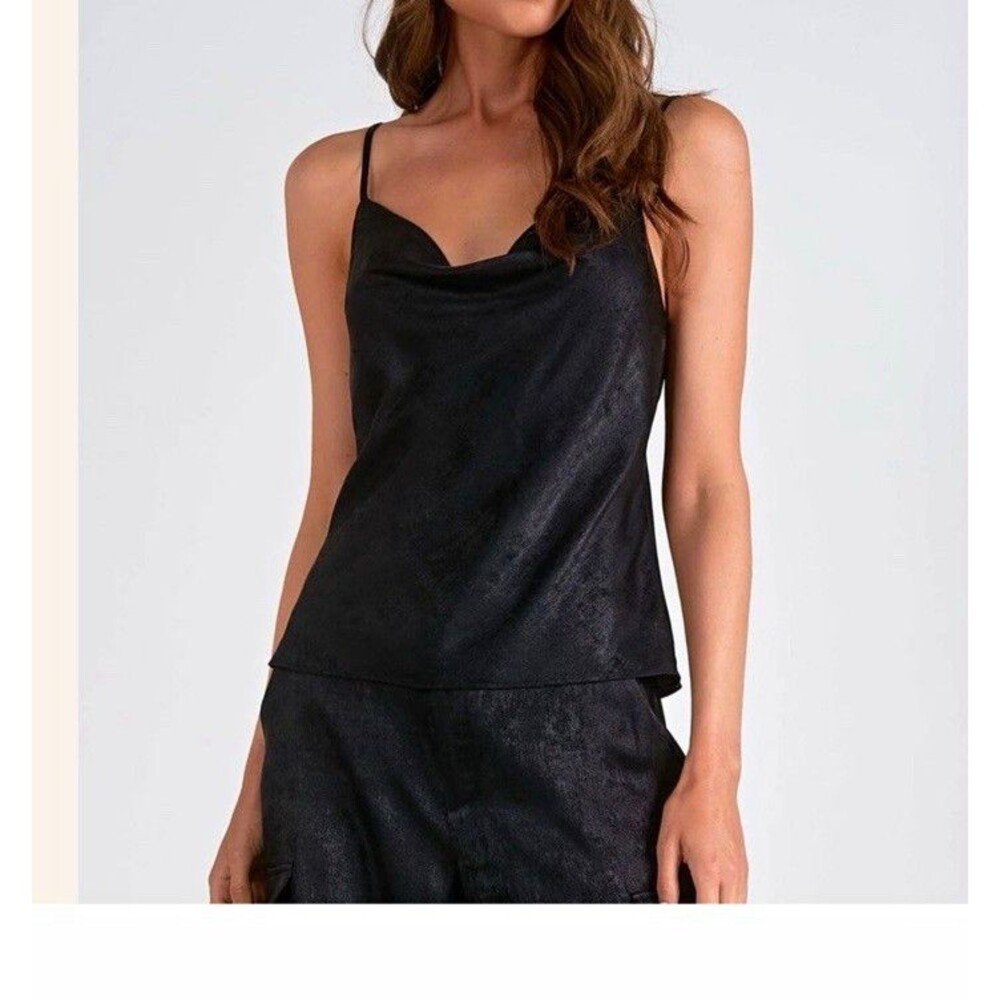 Elan Black Cowl Neck Satin Cami Top Spaghetti Strap Textured Shimmer NWT Small